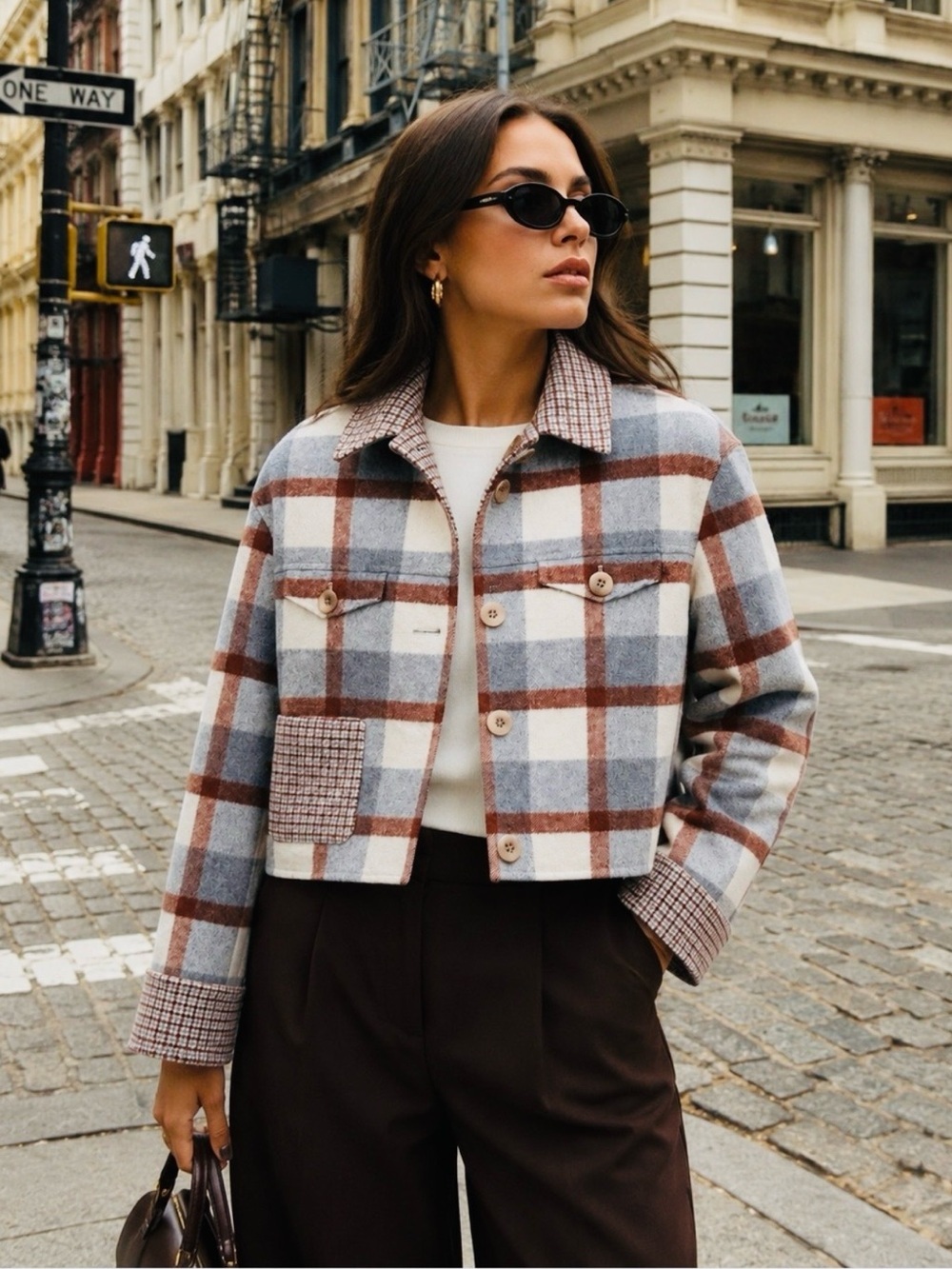 Petite Studio Stockholm Felted Wool Plaid Cropped Jean Jacket in Blue & Brown XS